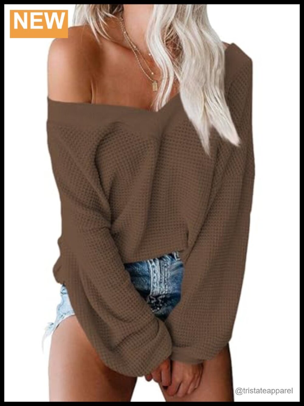 Waffle Knit Long Sleeve Off Shoulder Pullover Sweater